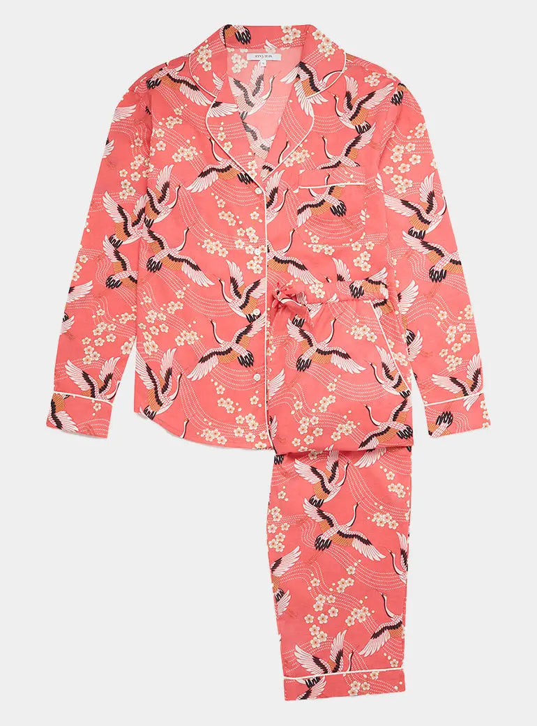 Japanese Crane on Coral Women s Long Sleeve Organic Cotton Pyjama Trou Myza