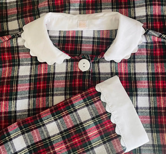 100% Brushed Cotton Tartan Pyjamas With White Collar and Cuffs Ric Rac Trim Sarah Brown London