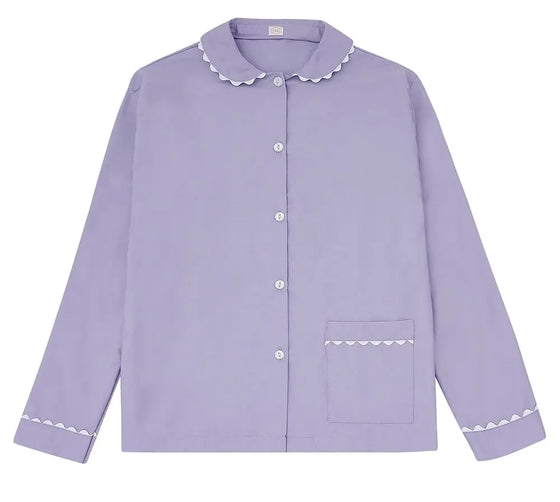 100% Cotton Poplin Blue Pyjama Shirt With White Ric Rac Detailing Sarah Brown London