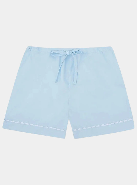 100% Cotton Poplin Blue Pyjama Shorts With White Ric Rac Detailing Sarah Brown London