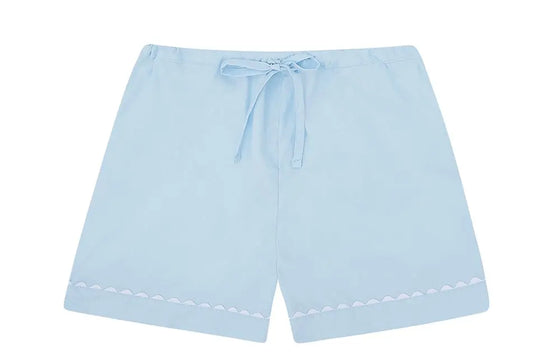 100% Cotton Poplin Blue Pyjama Shorts With White Ric Rac Detailing Sarah Brown London