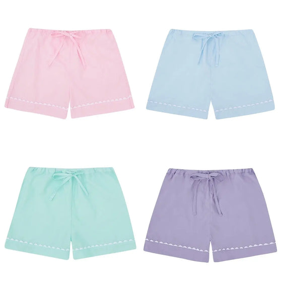 100% Cotton Poplin Blue Pyjama Shorts With White Ric Rac Detailing Sarah Brown London