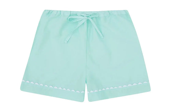 100% Cotton Poplin Blue Pyjama Shorts With White Ric Rac Detailing Sarah Brown London