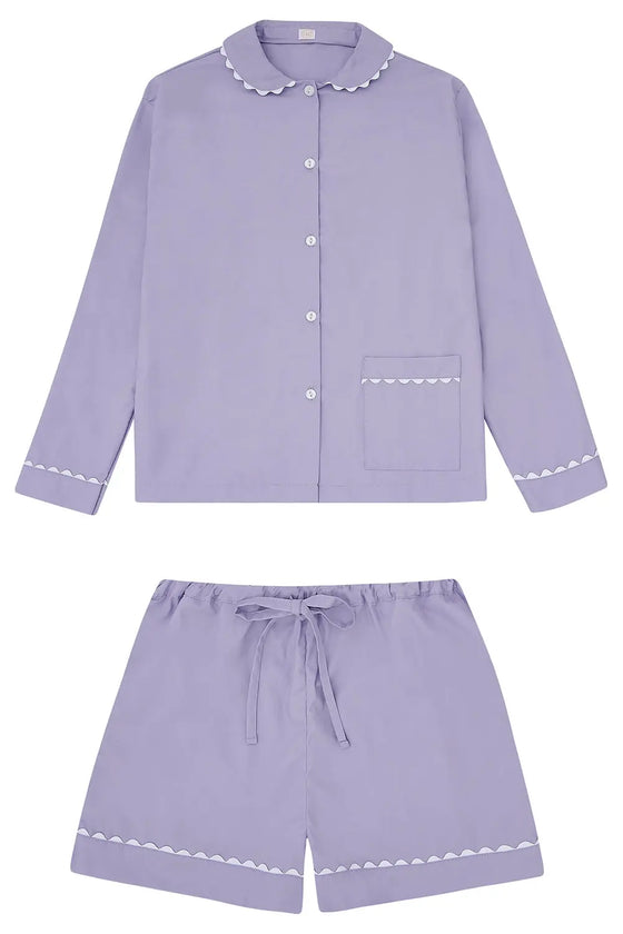 100% Cotton Poplin Blue Pyjama Shorts With White Ric Rac Detailing Sarah Brown London