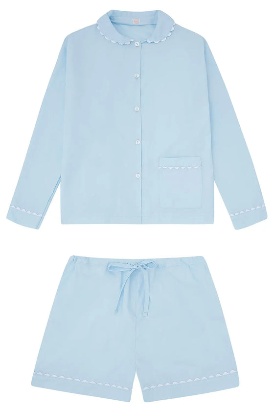 100% Cotton Poplin Blue Pyjama Shorts With White Ric Rac Detailing Sarah Brown London