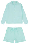 100% Cotton Poplin Blue Pyjama Shorts With White Ric Rac Detailing Sarah Brown London