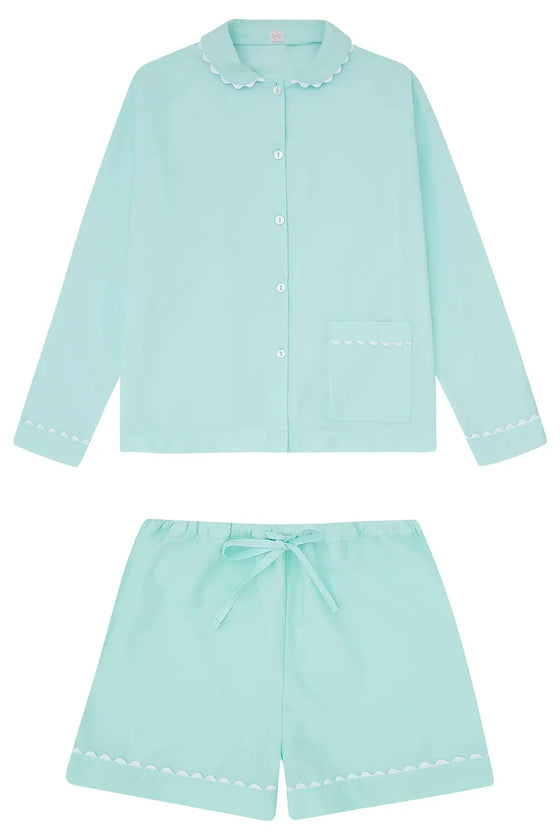 100% Cotton Poplin Blue Pyjama Shorts With White Ric Rac Detailing Sarah Brown London