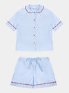 100% Cotton Poplin Blue Pyjamas With Red Ric Rac Trim Sarah Brown London