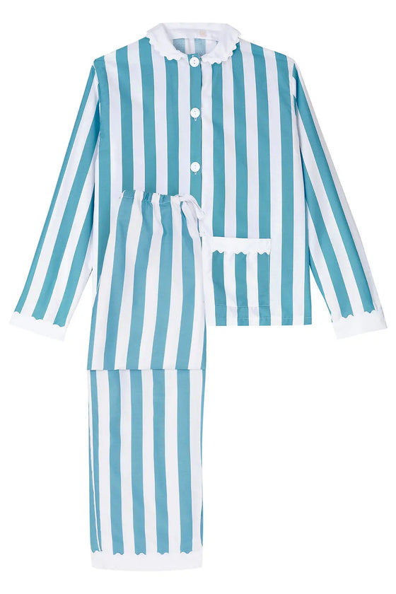 100% Cotton Poplin Blue & White Stripe Long Pyjamas With Side Pocket, White Collar and Cuffs Ric Rac Trim Sarah Brown London