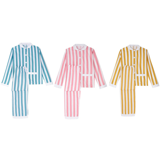 100% Cotton Poplin Blue & White Stripe Long Pyjamas With Side Pocket, White Collar and Cuffs Ric Rac Trim Sarah Brown London