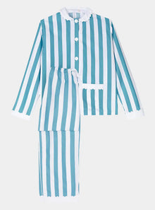  100% Cotton Poplin Blue & White Stripe Long Pyjamas With Side Pocket, White Collar and Cuffs Ric Rac Trim Sarah Brown London