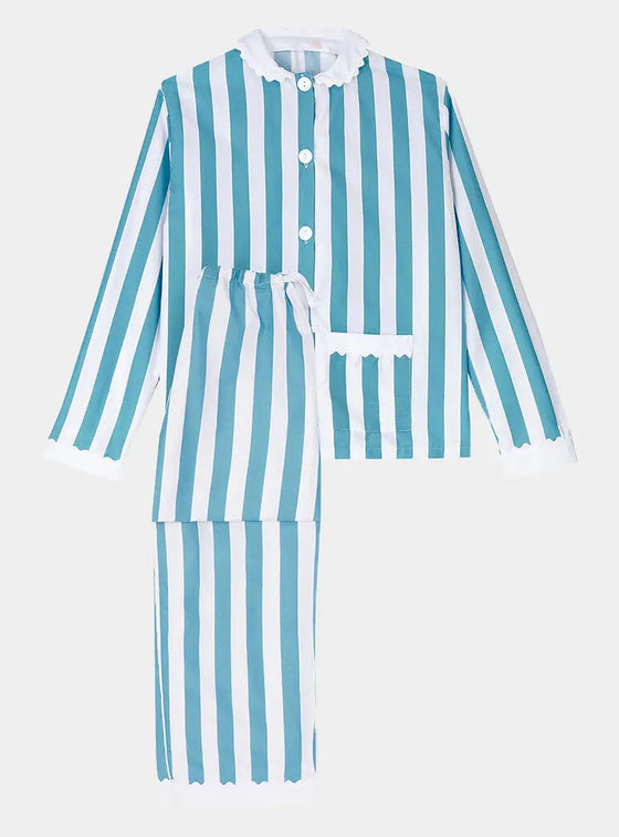 100% Cotton Poplin Blue & White Stripe Long Pyjamas With Side Pocket, White Collar and Cuffs Ric Rac Trim Sarah Brown London