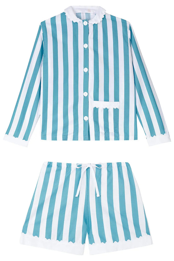 100% Cotton Poplin Blue & White Stripe Short Pyjamas With Side Pocket, White Collar and Cuffs Ric Rac Trim Sarah Brown London