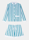 100% Cotton Poplin Blue & White Stripe Short Pyjamas With Side Pocket, White Collar and Cuffs Ric Rac Trim Sarah Brown London