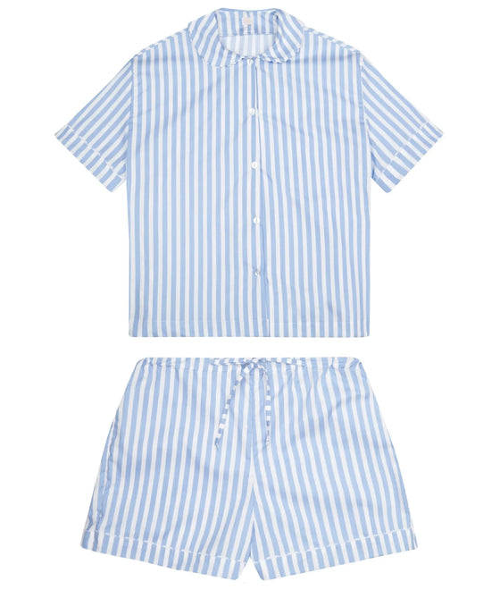 100% Cotton Poplin Blue and White Stripe Pyjamas With White Ric Rac Trim Sarah Brown London