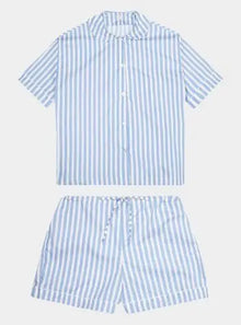  100% Cotton Poplin Blue and White Stripe Pyjamas With White Ric Rac Trim Sarah Brown London