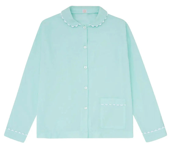 100% Cotton Poplin Mint Pyjama Shirt With White Ric Rac Detailing Sarah Brown London