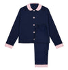 100% Cotton Poplin Navy Long Pyjamas With Pink Collar and Cuffs With Ric Rac Trim Sarah Brown London