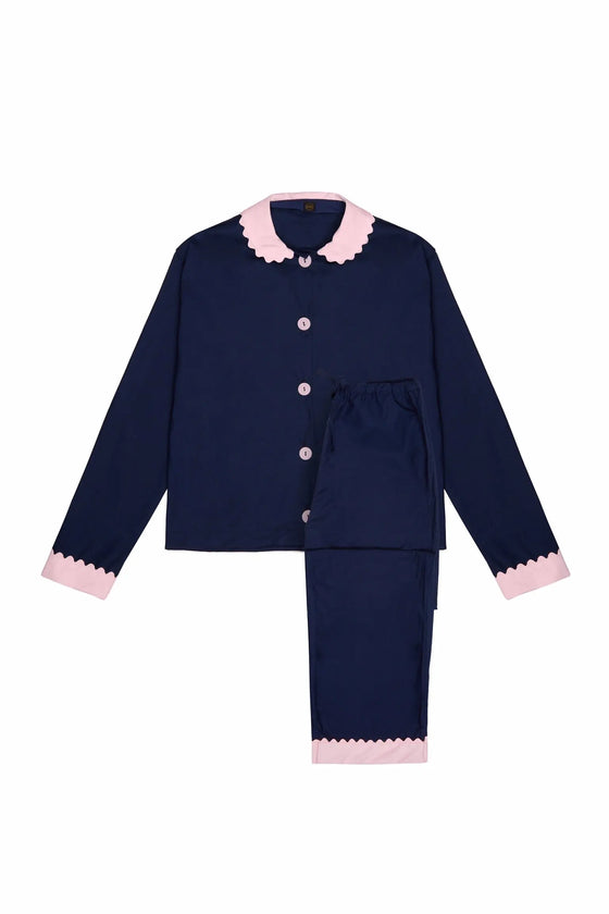 100% Cotton Poplin Navy Long Pyjamas With Pink Collar and Cuffs With Ric Rac Trim Sarah Brown London