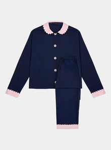  100% Cotton Poplin Navy Long Pyjamas With Pink Collar and Cuffs With Ric Rac Trim Sarah Brown London