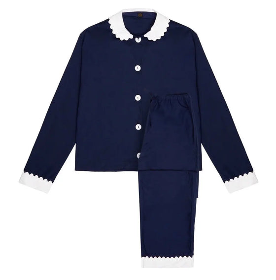 100% Cotton Poplin Navy Long Pyjamas With White Collar and Cuffs With Ric Rac Trim Sarah Brown London