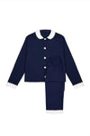 100% Cotton Poplin Navy Long Pyjamas With White Collar and Cuffs With Ric Rac Trim Sarah Brown London