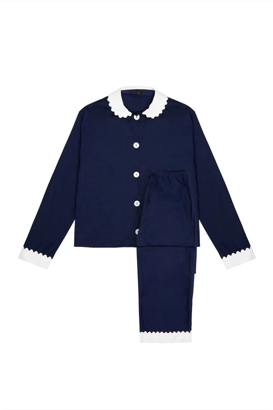 100% Cotton Poplin Navy Long Pyjamas With White Collar and Cuffs With Ric Rac Trim Sarah Brown London