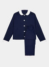 100% Cotton Poplin Navy Long Pyjamas With White Collar and Cuffs With Ric Rac Trim Sarah Brown London