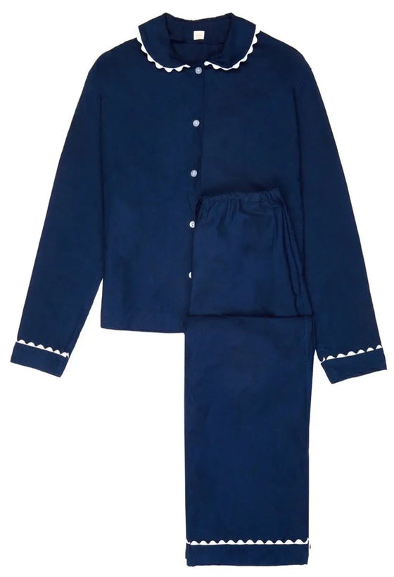 100% Cotton Poplin Navy Long Pyjamas With White Ric Rac Trim Sarah Brown London