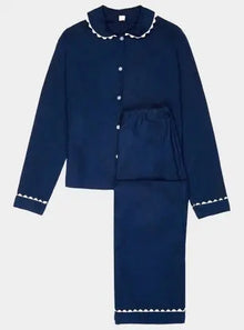  100% Cotton Poplin Navy Long Pyjamas With White Ric Rac Trim Sarah Brown London