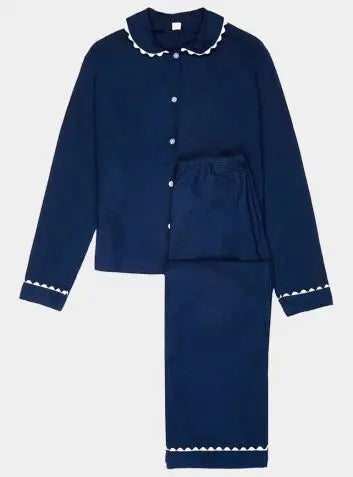 100% Cotton Poplin Navy Long Pyjamas With White Ric Rac Trim Sarah Brown London