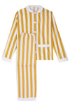 100% Cotton Poplin Ochre  & White Stripe Long Pyjamas With Side Pocket, White Collar and Cuffs Ric Rac Trim Sarah Brown London