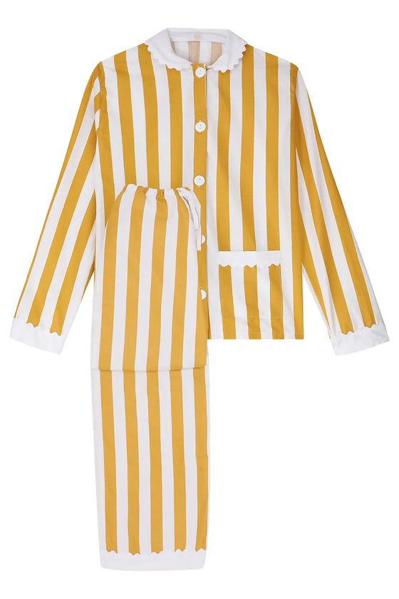 100% Cotton Poplin Ochre  & White Stripe Long Pyjamas With Side Pocket, White Collar and Cuffs Ric Rac Trim Sarah Brown London