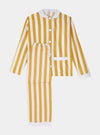 100% Cotton Poplin Ochre  & White Stripe Long Pyjamas With Side Pocket, White Collar and Cuffs Ric Rac Trim Sarah Brown London