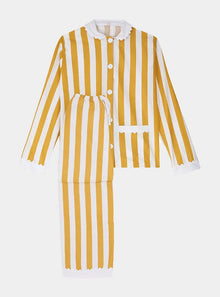  100% Cotton Poplin Ochre  & White Stripe Long Pyjamas With Side Pocket, White Collar and Cuffs Ric Rac Trim Sarah Brown London