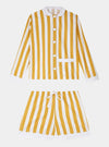 100% Cotton Poplin Ochre  & White Stripe Short Pyjamas With Side Pocket, White Collar and Cuffs Ric Rac Trim Sarah Brown London