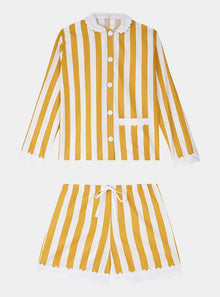  100% Cotton Poplin Ochre  & White Stripe Short Pyjamas With Side Pocket, White Collar and Cuffs Ric Rac Trim Sarah Brown London