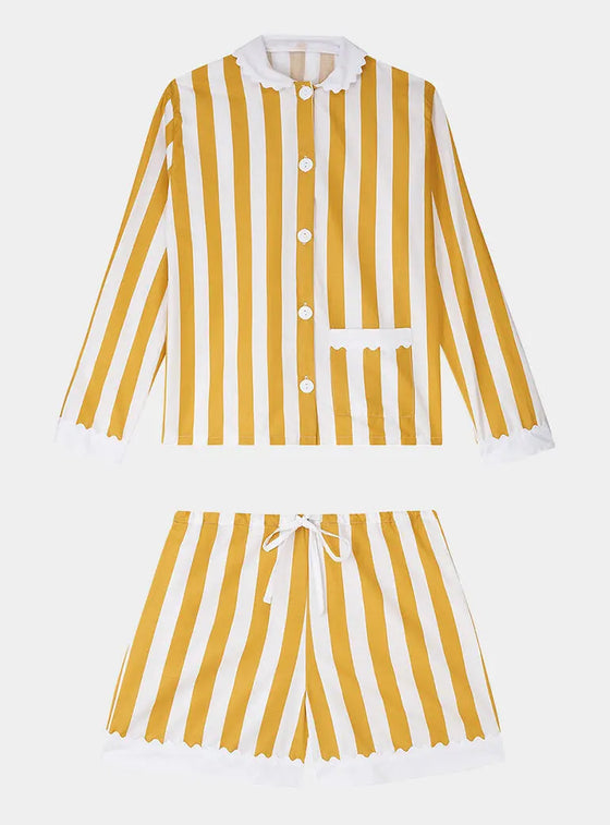 100% Cotton Poplin Ochre  & White Stripe Short Pyjamas With Side Pocket, White Collar and Cuffs Ric Rac Trim Sarah Brown London