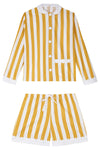 100% Cotton Poplin Ochre  & White Stripe Short Pyjamas With Side Pocket, White Collar and Cuffs Ric Rac Trim Sarah Brown London