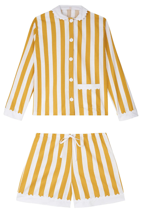 100% Cotton Poplin Ochre  & White Stripe Short Pyjamas With Side Pocket, White Collar and Cuffs Ric Rac Trim Sarah Brown London