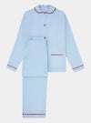 100% Cotton Poplin Pastel Blue Long Pyjamas With Red Ric Rac Trim Sarah Brown London