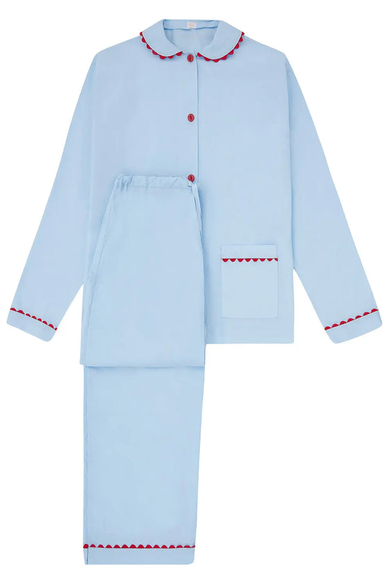 100% Cotton Poplin Pastel Blue Long Pyjamas With Red Ric Rac Trim Sarah Brown London