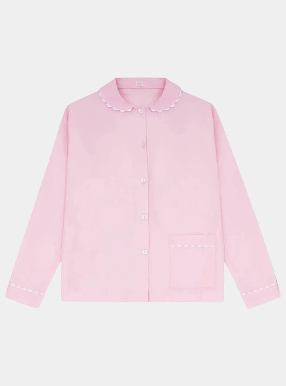 100% Cotton Poplin Pink Pyjama Shirt With White Ric Rac Detailing Sarah Brown London