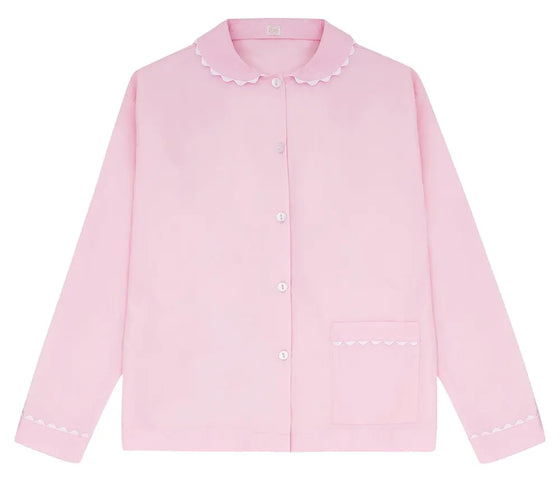 100% Cotton Poplin Pink Pyjama Shirt With White Ric Rac Detailing Sarah Brown London