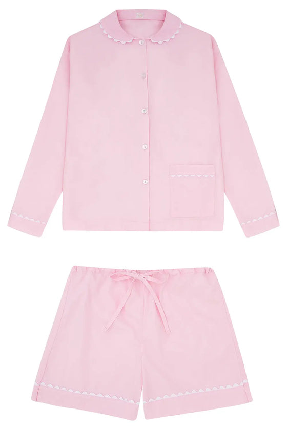 100% Cotton Poplin Pink Pyjama Shirt With White Ric Rac Detailing Sarah Brown London