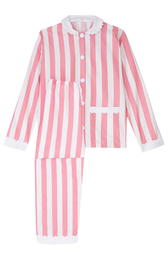 100% Cotton Poplin Pink  & White Stripe Long Pyjamas With Side Pocket, White Collar and Cuffs Ric Rac Trim Sarah Brown London