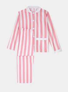  100% Cotton Poplin Pink  & White Stripe Long Pyjamas With Side Pocket, White Collar and Cuffs Ric Rac Trim Sarah Brown London