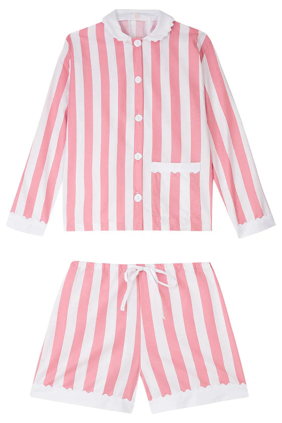 100% Cotton Poplin Pink  & White Stripe Short Pyjamas With Side Pocket, White Collar and Cuffs Ric Rac Trim Sarah Brown London