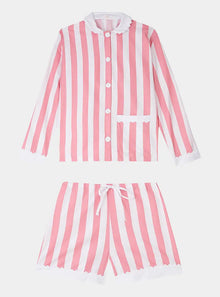  100% Cotton Poplin Pink  & White Stripe Short Pyjamas With Side Pocket, White Collar and Cuffs Ric Rac Trim Sarah Brown London