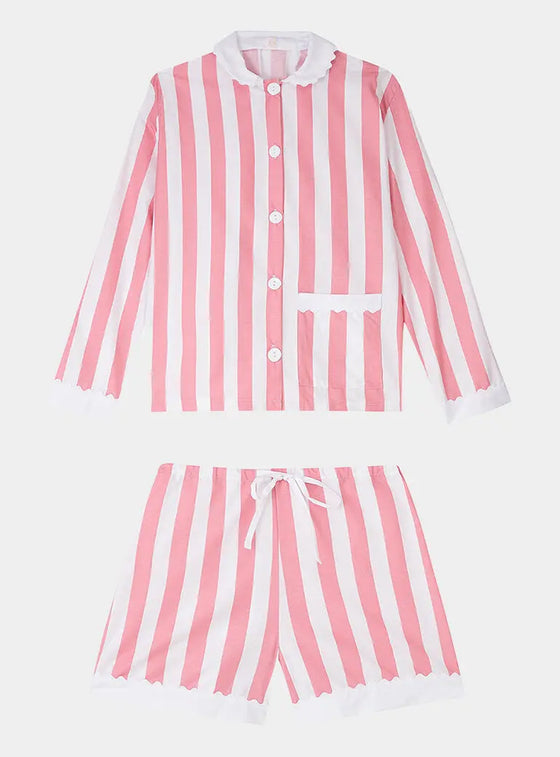 100% Cotton Poplin Pink  & White Stripe Short Pyjamas With Side Pocket, White Collar and Cuffs Ric Rac Trim Sarah Brown London